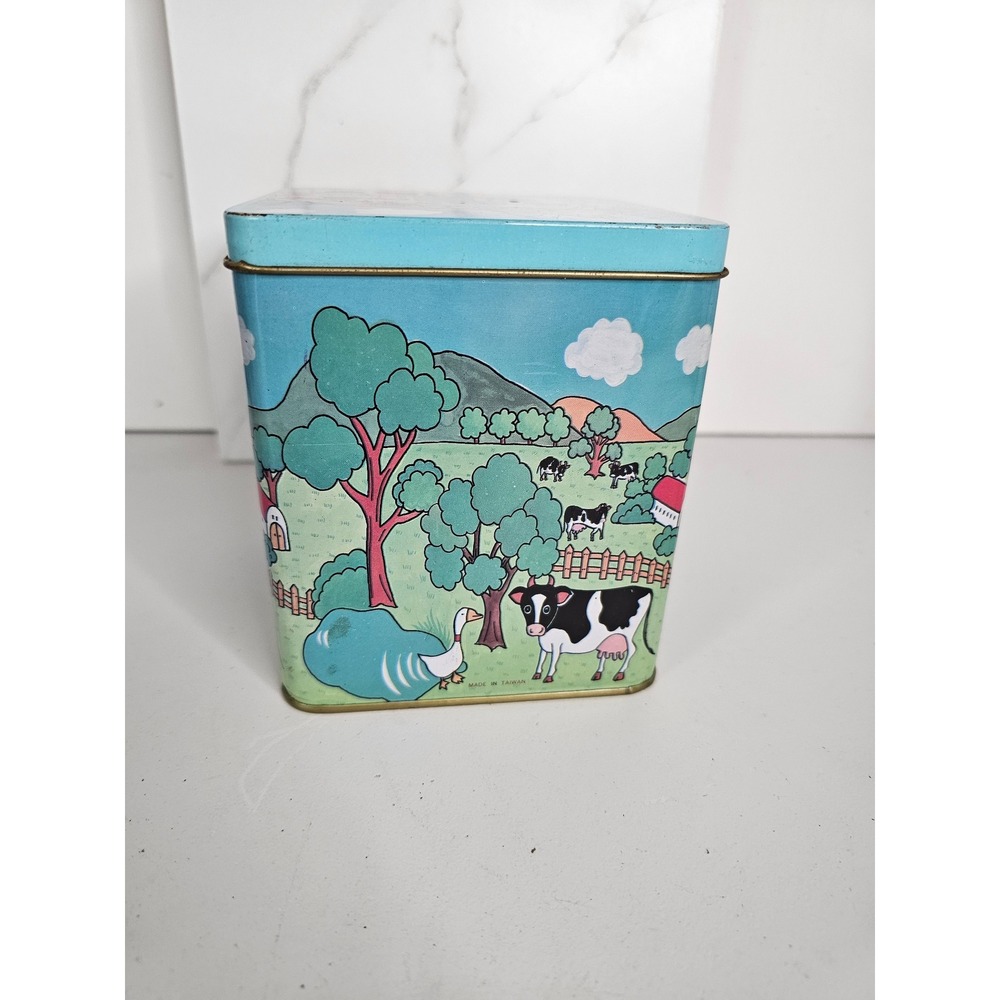 Vintage Farm Scene Metal Tin Cow Goose Pastoral Landscape Square Storage Can